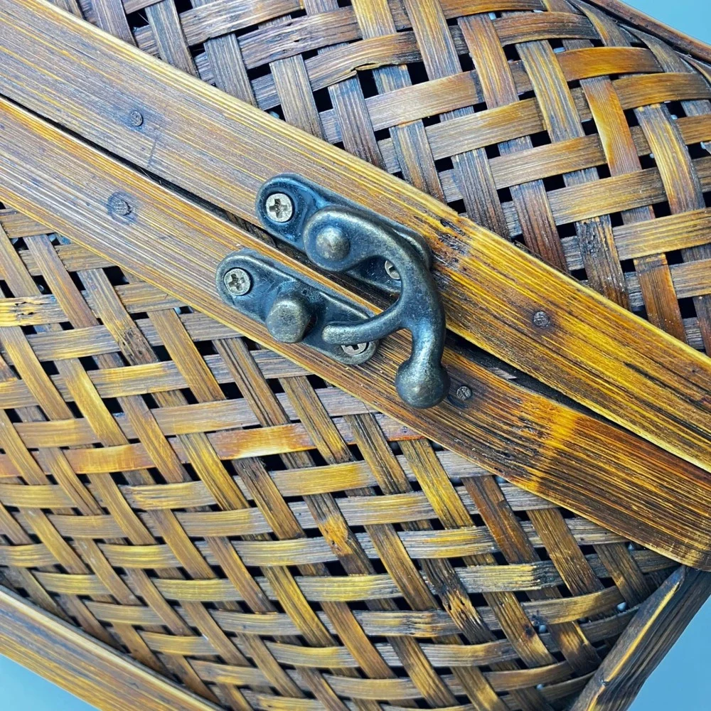 Vintage Storage Chest Brown Footed Keepsake Box Decor Handcrafted Woven Bamboo